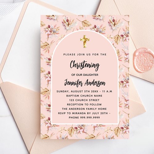 Christening pampas florals rose gold pink girl invitation postcard