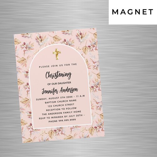 Christening pampas florals rose gold pink luxury magnetic invitation
