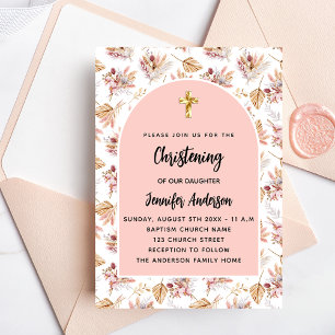 Christening pampas flowers rose gold pink girl invitation postcard