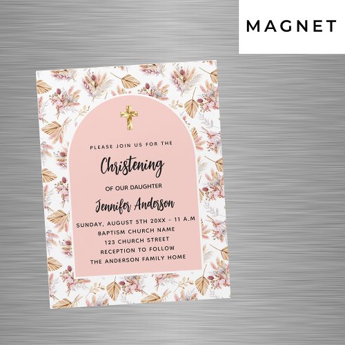 Christening pampas flowers rose gold pink luxury magnetic invitation
