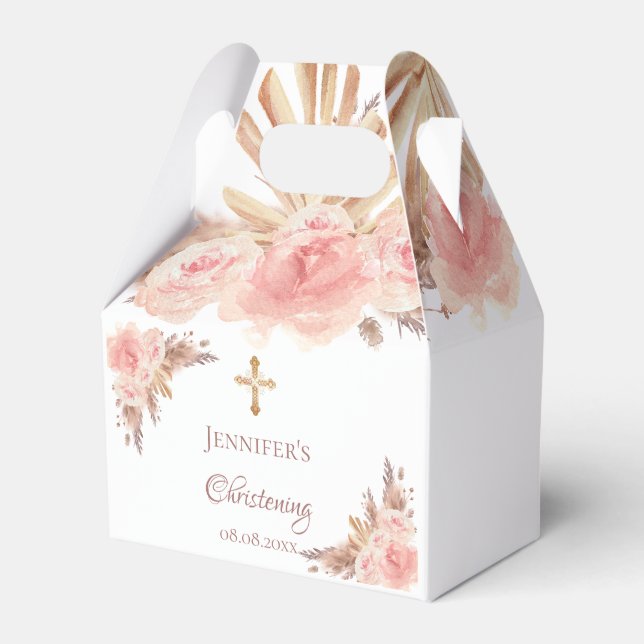 Christening pampas grass blush floral cross favor boxes (Front Side)