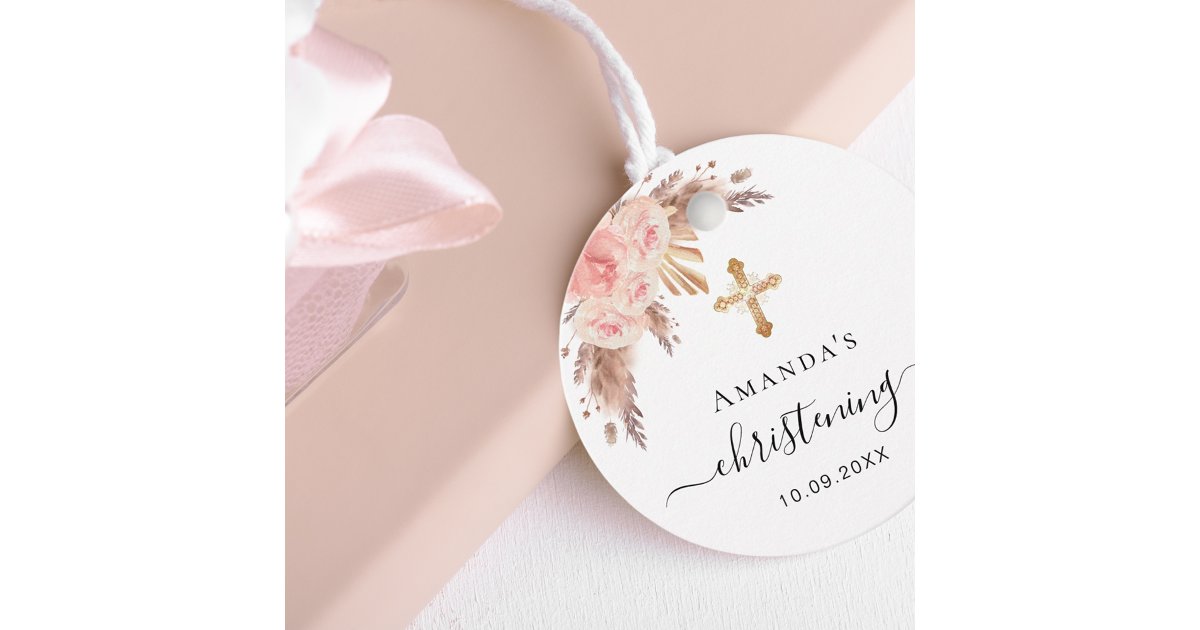Christening pampas grass blush floral thank you favor tags | Zazzle