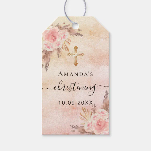 Christening pampas grass blush rose thank you gift tags | Zazzle