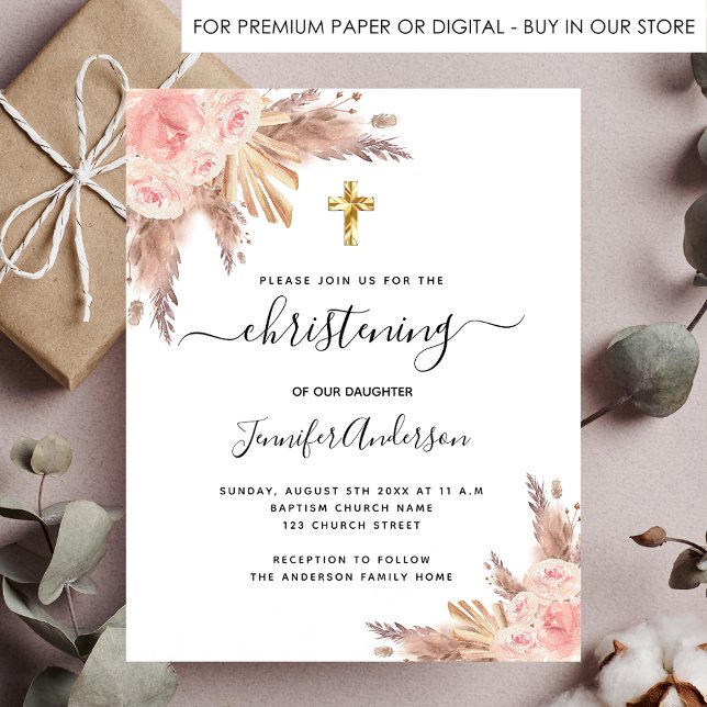 Christening pampas grass rose budget invitation flyer (Creator Uploaded)