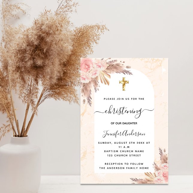 Christening pampas grass rose gold blush marble invitation (Creator Uploaded)