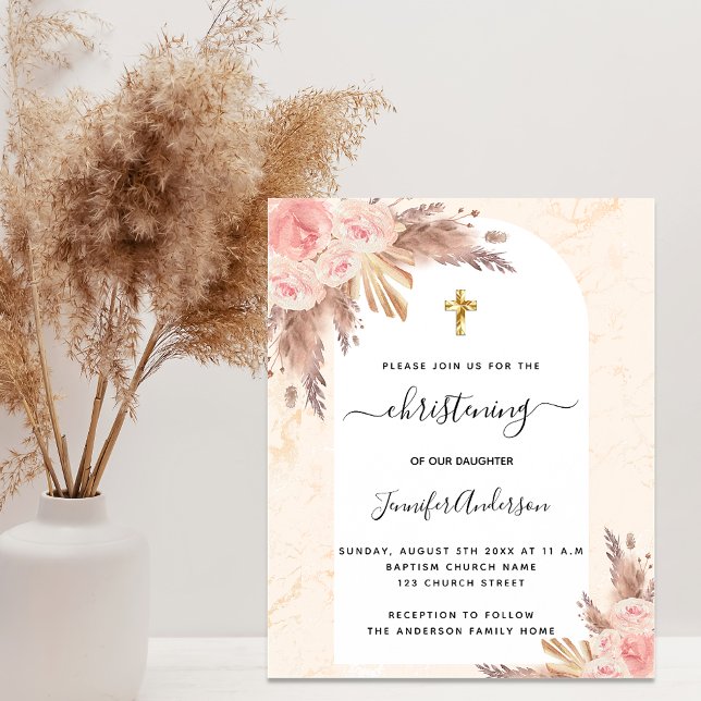 Christening pampas grass rose gold blush marble invitation postcard (Creator Uploaded)