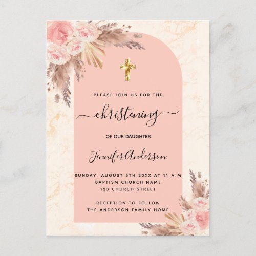 Christening pampas grass rose gold blush marble invitation postcard