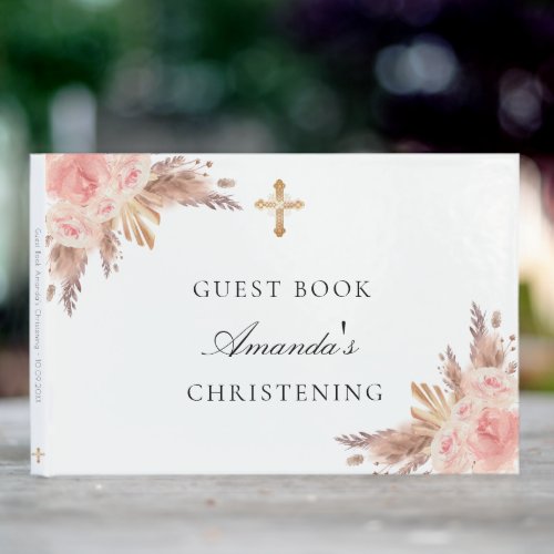 Christening pampas grass rose gold girl cross guest book