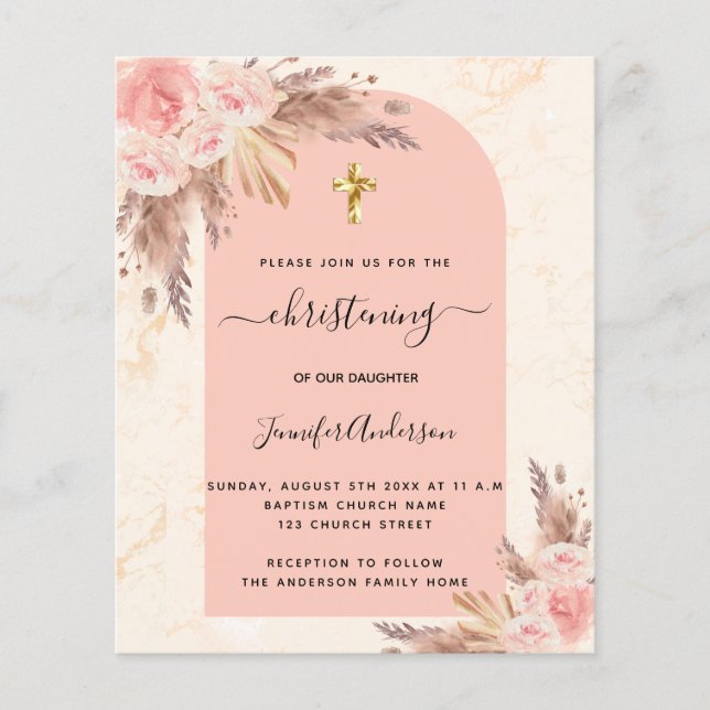 Christening pampas grass rose marble invitation (Front)