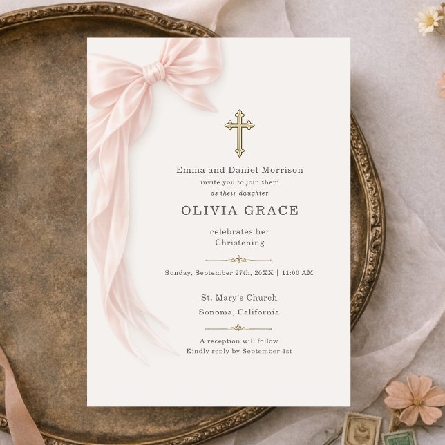 Christening Pink Bow  Invitation (Creator Uploaded)