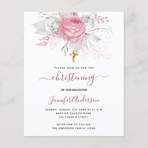 Christening pink florals girl budget invitation flyer