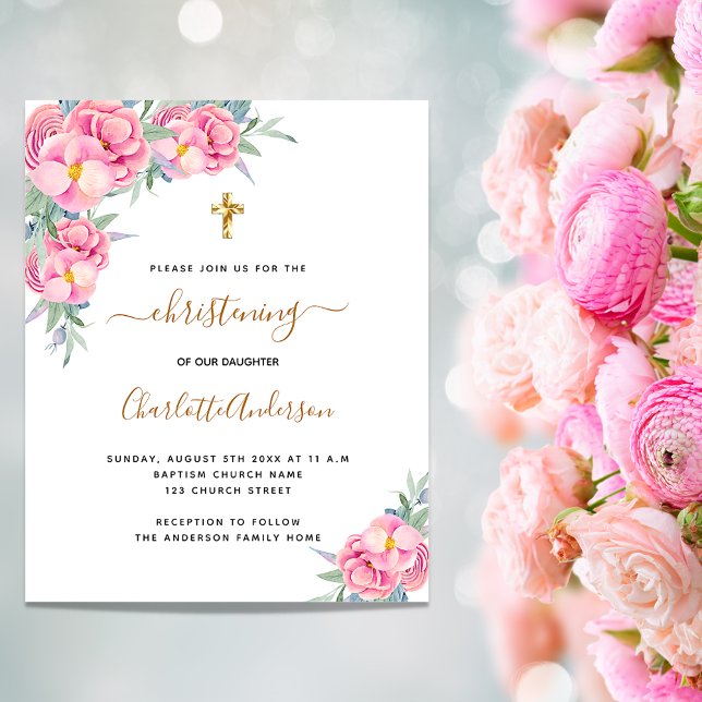 Christening pink florals rose budget invitation (Creator Uploaded)