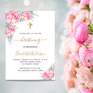 Christening pink florals rose gold girl invitation