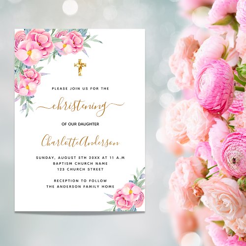 Christening pink florals rose gold girl luxury invitation