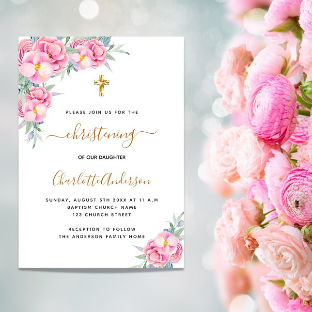 Christening pink florals rose gold girl luxury invitation (Creator Uploaded)