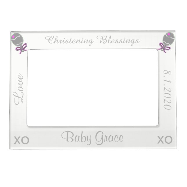 Christening Pink Rattles Baby Girl Magnetic Frame (Front)