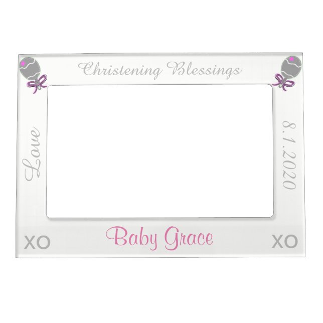 Christening Pink Rattles Girl Magnetic Frame (Front)