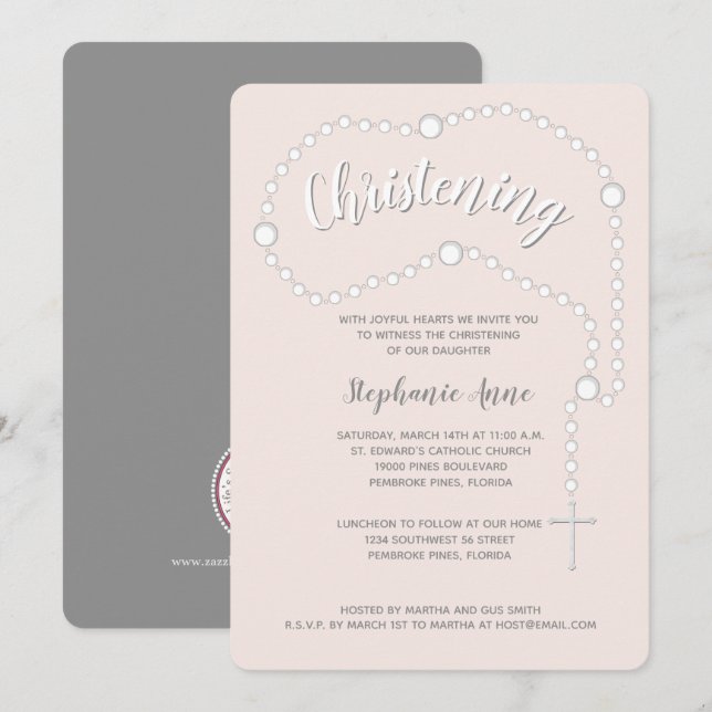 Christening Rosary on Pink Invitation (Front/Back)