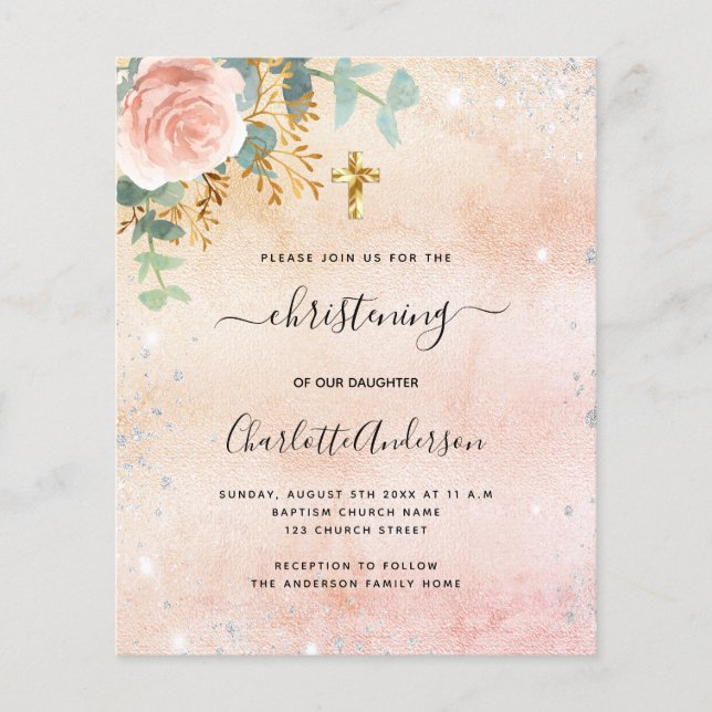 Christening rose gold floral eucalyptus invitation (Front)