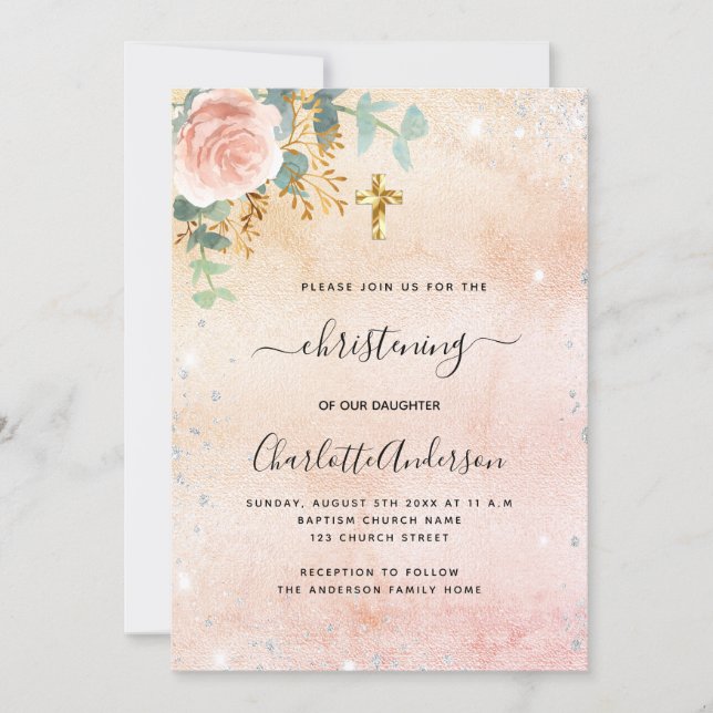 Christening rose gold floral eucalyptus silver invitation (Front)