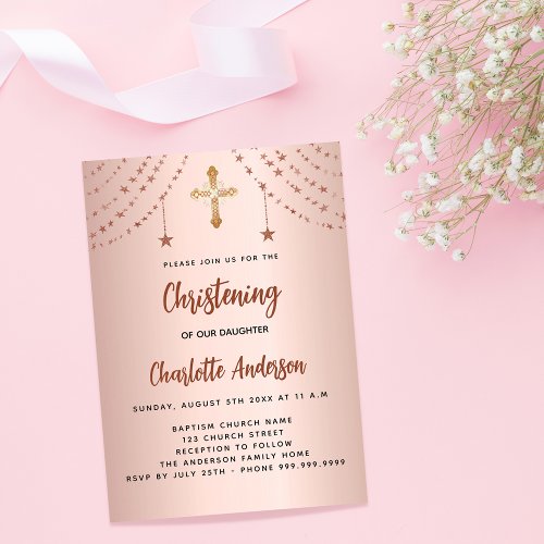 Christening rose gold stars elegant girl luxury invitation