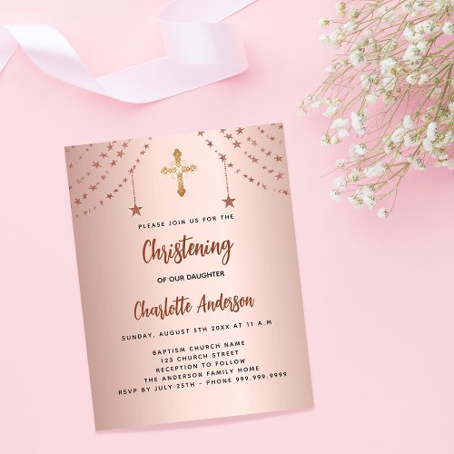 Christening rose gold stars girl budget invitation