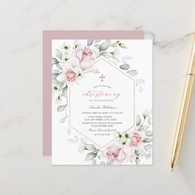  Christening Roses | Floral Watercolor Invitation (Front/Back In Situ)