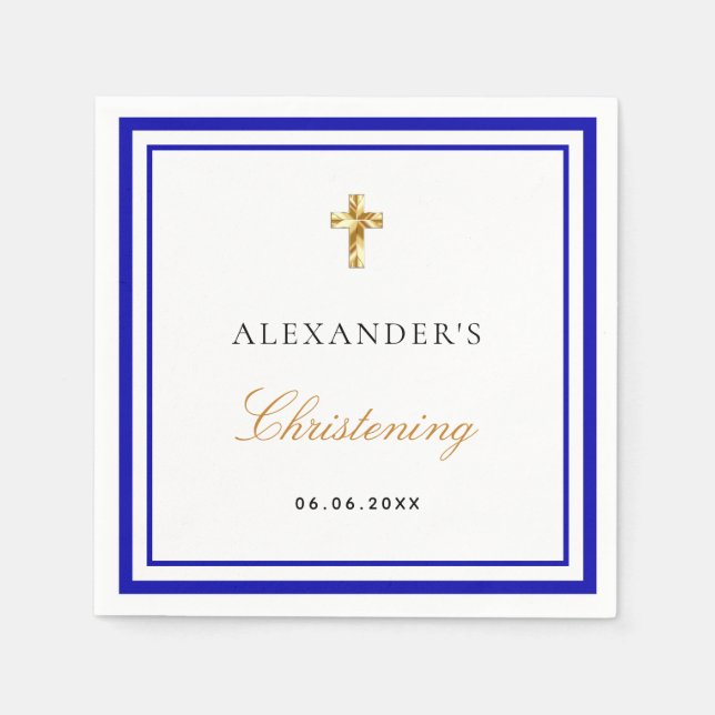 Christening royal blue white name baby boy napkins (Front)
