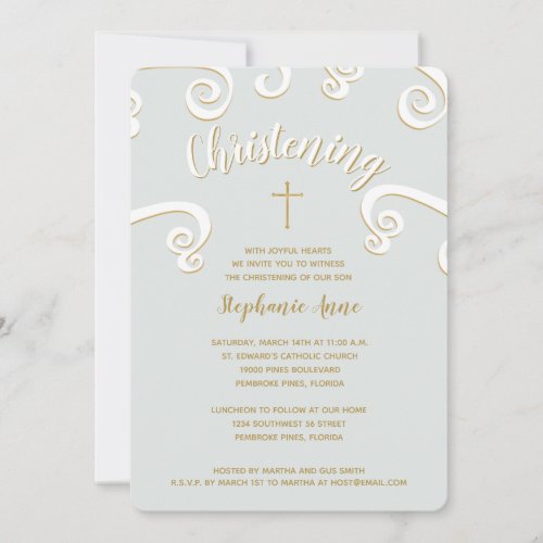 Christening Scrolls in Powder Blue and Gold Invitation