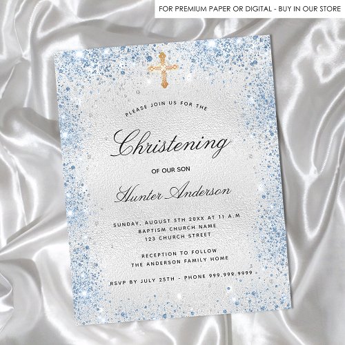 Christening silver blue boy budget invitation flyer