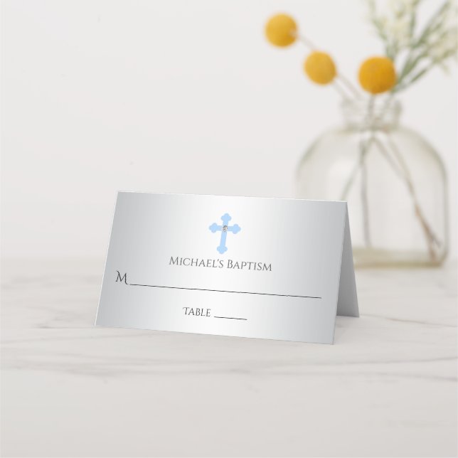 Christening Silver Blue Cross | Boy Place Card (Front)
