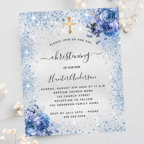 Christening silver blue floral budget invitation