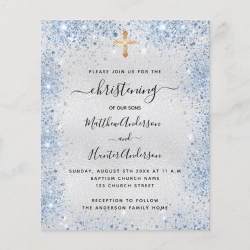 Christening silver blue twin boy budget invitation