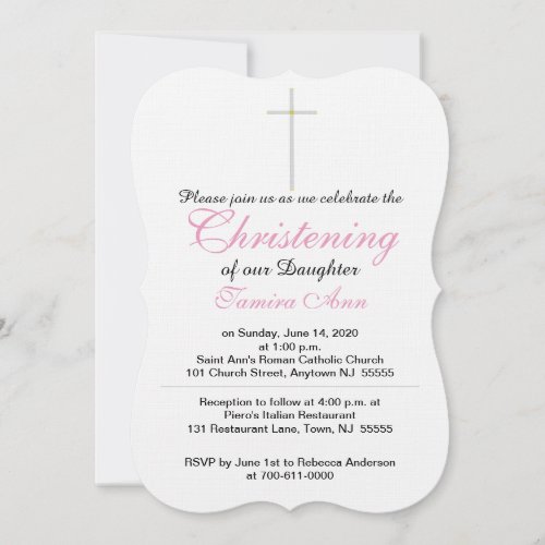 Christening Silver Cross Daughter Pink Rattle Invitation