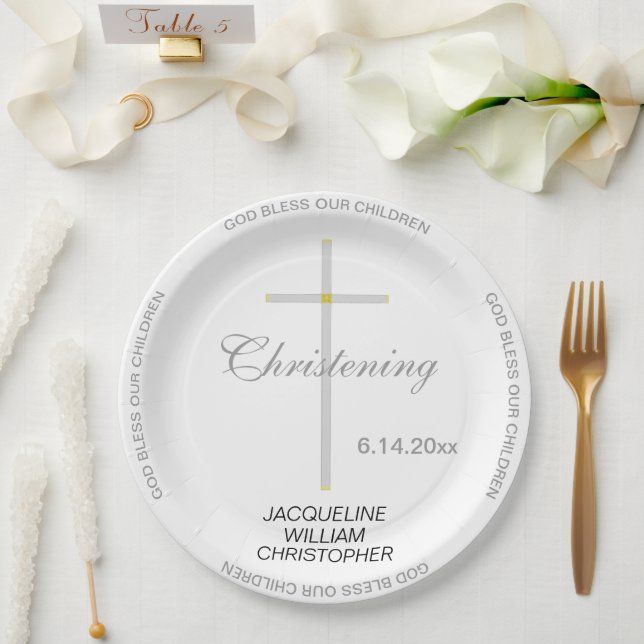 Christening Silver Cross NAMES Paper Plates (Wedding)