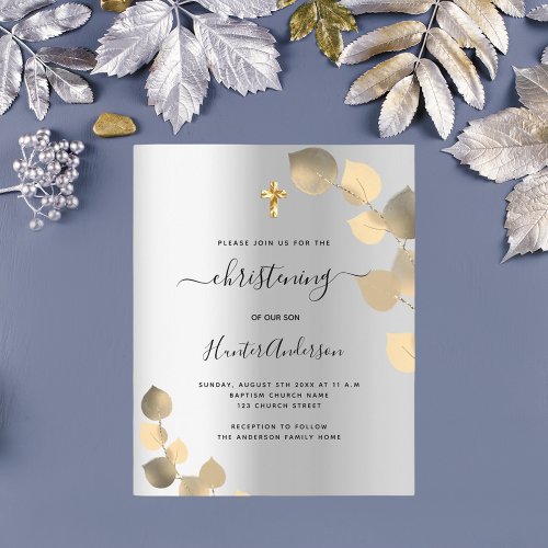 Christening silver eucalyptus budget invitation flyer