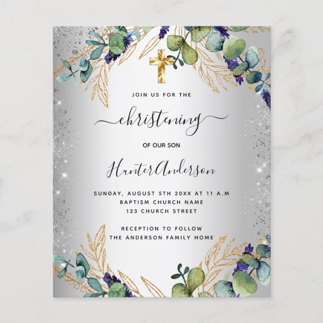 Christening silver eucalyptus greenery invitation (Front)