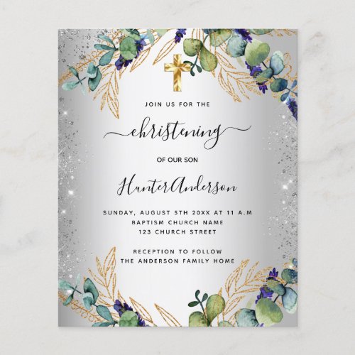 Christening silver eucalyptus greenery invitation