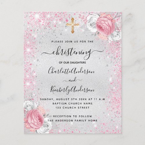 Christening silver girls twins budget invitation