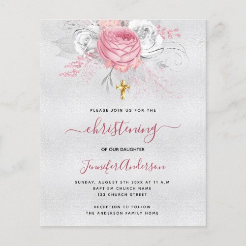 Christening silver pink floral budget invitation flyer