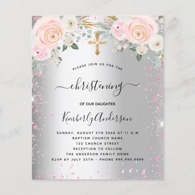 Christening silver pink floral glitter invitation (Front)