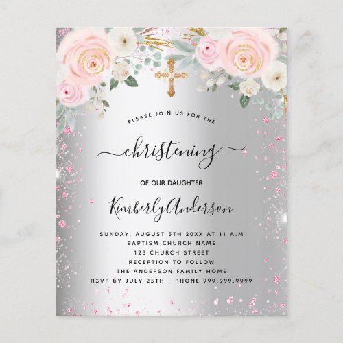 Christening silver pink floral glitter invitation
