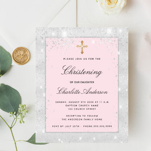 Christening silver pink girl cross invitation
