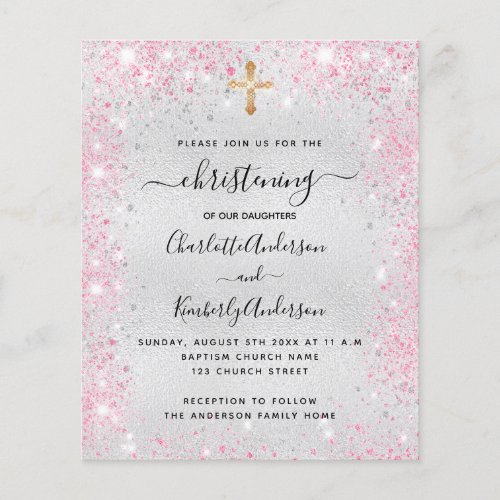 Christening silver pink twins budget invitation