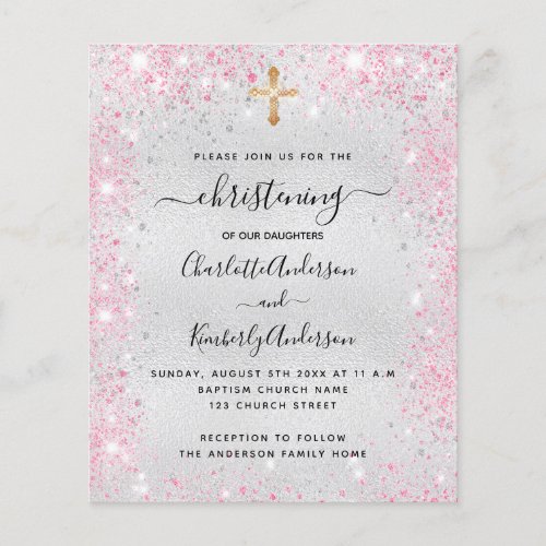 Christening silver pink twins budget invitation flyer