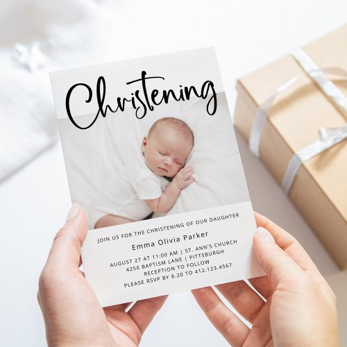 Christening  Simple Minimal Black and White Photo Invitation