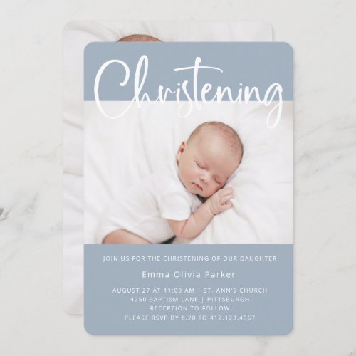 Christening  Simple Minimal Blue with Two Photos Invitation
