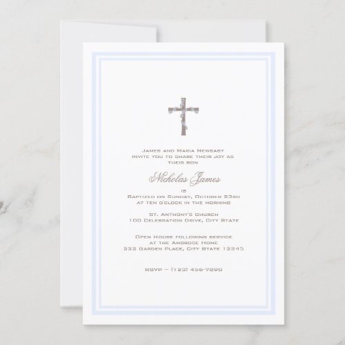 Christening Soft Blue and Brown Announcement