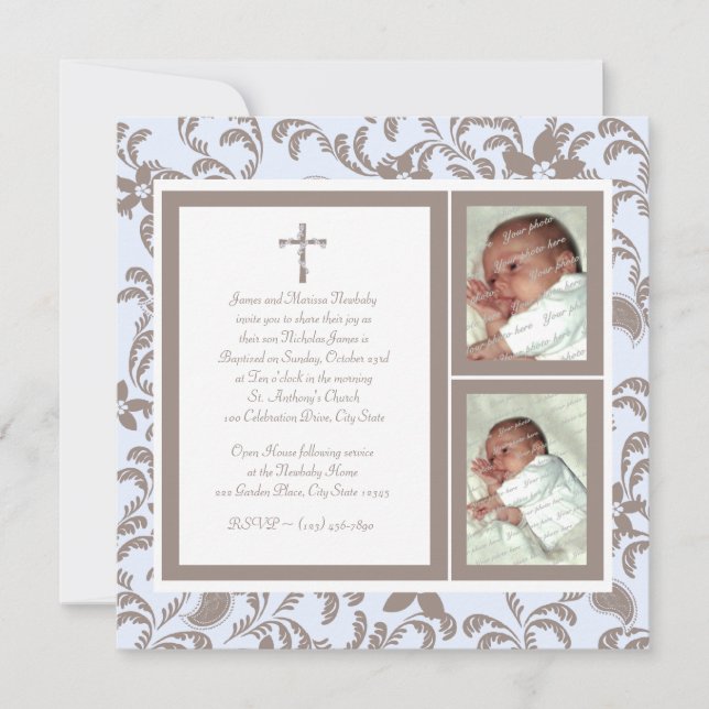 Christening Soft Blue and Brown Paisley Photo Invitation (Front)