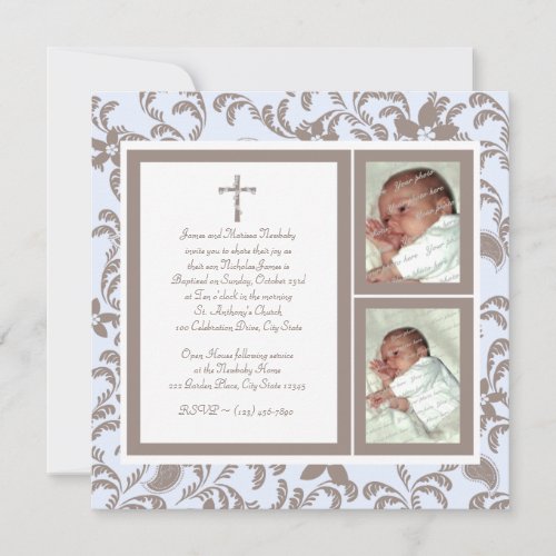 Christening Soft Blue and Brown Paisley Photo Personalized Announcement